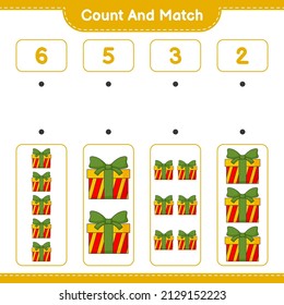 Contar y coincidir, contar el número de la caja de regalo y coincidir con los números correctos. Juego infantil educativo, hoja de cálculo imprimible, ilustración vectorial