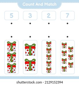 Contar y coincidir, contar el número de la caja de regalo y coincidir con los números correctos. Juego infantil educativo, hoja de cálculo imprimible, ilustración vectorial