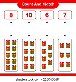 Count and match, count the number of Gift Box and match with the right numbers. Educational children game, printable worksheet, vector illustration
