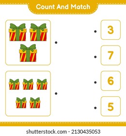 Count and match, count the number of Gift Box and match with the right numbers. Educational children game, printable worksheet, vector illustration