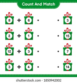 Count and match, count the number of Gift Boxes and match with right numbers. Educational children game, printable worksheet, vector illustration