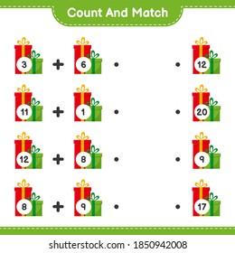 Count and match, count the number of Gift Boxes and match with right numbers. Educational children game, printable worksheet, vector illustration