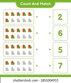 Count and match, count the number of Gift Boxes and match with right numbers. Educational children game, printable worksheet, vector illustration