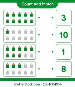 Contar y coincidir, contar el número de cajas de regalo y coincidir con los números correctos. Juego infantil educativo, hoja de cálculo imprimible, ilustración vectorial