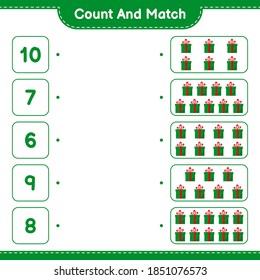 Contar y coincidir, contar el número de cajas de regalo y coincidir con los números correctos. Juego infantil educativo, hoja de cálculo imprimible, ilustración vectorial