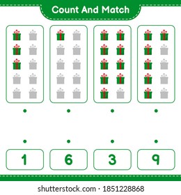 Count and match, count the number of Gift Boxes and match with right numbers. Educational children game, printable worksheet, vector illustration