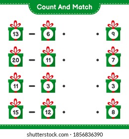 Count and match, count the number of Gift Boxes and match with right numbers. Educational children game, printable worksheet, vector illustration
