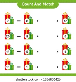 Count and match, count the number of Gift Boxes and match with right numbers. Educational children game, printable worksheet, vector illustration