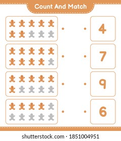 Count and match, count the number of Gingerbread Man and match with right numbers. Educational children game, printable worksheet, vector illustration