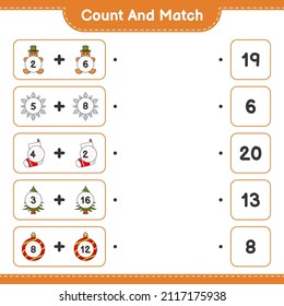 Count and match, count the number of Gingerbread Man, Tree, Sock, Christmas Ball, Snowflake and match with the right numbers. Educational children game, printable worksheet, vector illustration