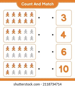 Count and match, count the number of Gingerbread Man and match with the right numbers. Educational children game, printable worksheet, vector illustration
