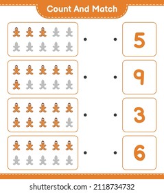 Count and match, count the number of Gingerbread Man and match with the right numbers. Educational children game, printable worksheet, vector illustration