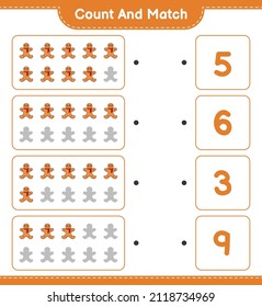 Count and match, count the number of Gingerbread Man and match with the right numbers. Educational children game, printable worksheet, vector illustration