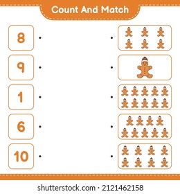 Count and match, count the number of Gingerbread Man and match with the right numbers. Educational children game, printable worksheet, vector illustration
