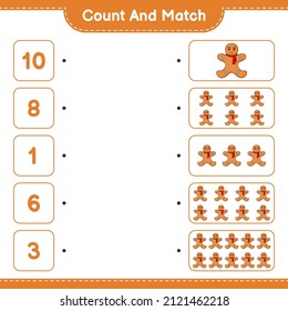 Cuente y concuerde, cuente el número del Hombre de Gingerbread y concuerde con los números correctos. Juego infantil educativo, hoja de cálculo imprimible, ilustración vectorial