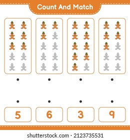 Cuente y concuerde, cuente el número del Hombre de Gingerbread y concuerde con los números correctos. Juego infantil educativo, hoja de cálculo imprimible, ilustración vectorial