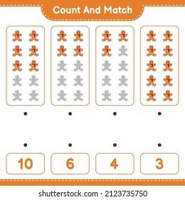 Count and match, count the number of Gingerbread Man and match with the right numbers. Educational children game, printable worksheet, vector illustration