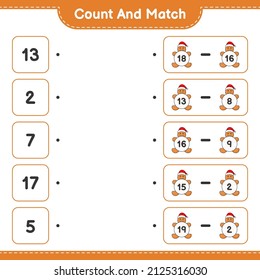 Cuente y concuerde, cuente el número del Hombre de Gingerbread y concuerde con los números correctos. Juego infantil educativo, hoja de cálculo imprimible, ilustración vectorial