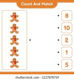 Count and match, count the number of Gingerbread Man and match with the right numbers. Educational children game, printable worksheet, vector illustration