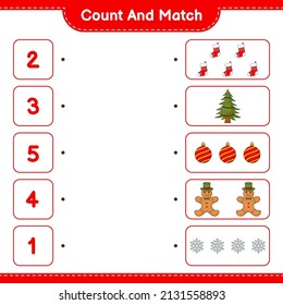 Count and match, count the number of Gingerbread Man, Tree, Sock, Christmas Ball, Snowflake and match with the right numbers. Educational children game, printable worksheet, vector illustration