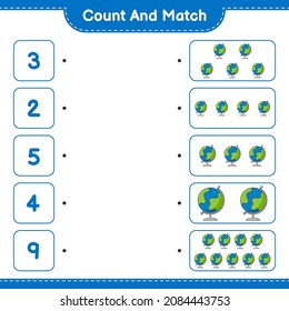 Count and match, count the number of Globe and match with the right numbers. Educational children game, printable worksheet, vector illustration
