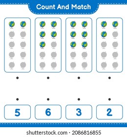 Contar y coincidir, contar el número de globo y coincidir con los números correctos. Juego infantil educativo, hoja de cálculo imprimible, ilustración vectorial