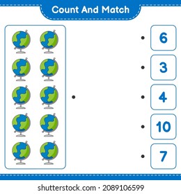 Count and match, count the number of Globe and match with the right numbers. Educational children game, printable worksheet, vector illustration