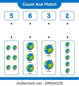Contar y coincidir, contar el número de globo y coincidir con los números correctos. Juego infantil educativo, hoja de cálculo imprimible, ilustración vectorial
