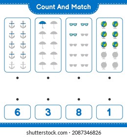 Count and match, count the number of Globe, Sunglasses, Umbrella, Anchor and match with the right numbers. Educational children game, printable worksheet, vector illustration