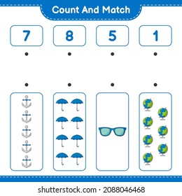 Count and match, count the number of Globe, Sunglasses, Umbrella, Anchor and match with the right numbers. Educational children game, printable worksheet, vector illustration