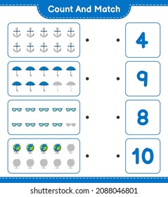 Count and match, count the number of Globe, Sunglasses, Umbrella, Anchor and match with the right numbers. Educational children game, printable worksheet, vector illustration