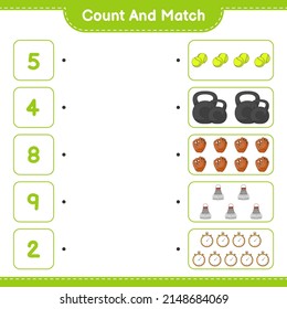 Cuenta y coteja, cuenta el número de Glove, Stopwatch, Ball, Dumbbell, Shuttlecock y concuerda con los números correctos. Juego infantil educativo, hoja de cálculo imprimible, ilustración vectorial