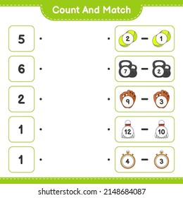 Count and match, count the number of Glove, Stopwatch, Ball, Dumbbell, Shuttlecock and match with the right numbers. Educational children game, printable worksheet, vector illustration