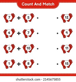 Count and match, count the number of Goalkeeper Gloves and match with the right numbers. Educational children game, printable worksheet, vector illustration