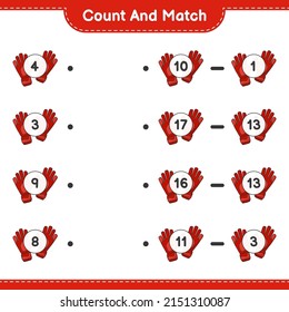 Count and match, count the number of Goalkeeper Gloves and match with the right numbers. Educational children game, printable worksheet, vector illustration