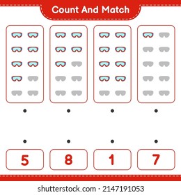 Count and match, count the number of Goggle and match with the right numbers. Educational children game, printable worksheet, vector illustration