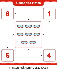 Count and match, count the number of Goggle and match with the right numbers. Educational children game, printable worksheet, vector illustration