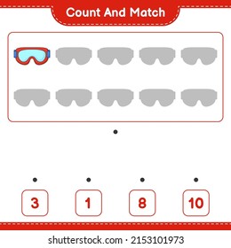 Count and match, count the number of Goggle and match with the right numbers. Educational children game, printable worksheet, vector illustration