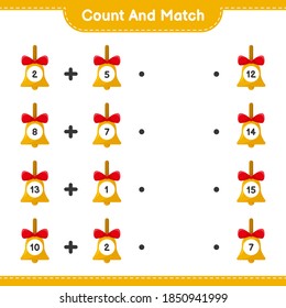 Count and match, count the number of Golden Christmas Bells and match with right numbers. Educational children game, printable worksheet, vector illustration