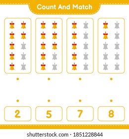 Count and match, count the number of Golden Christmas Bells and match with right numbers. Educational children game, printable worksheet, vector illustration