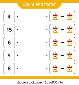 Count and match, count the number of Golden Christmas Bells and match with right numbers. Educational children game, printable worksheet, vector illustration