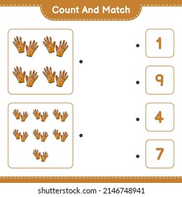 Cuenta y coteja, cuenta el número de guantes de golf y concuerda con los números correctos. Juego infantil educativo, hoja de cálculo imprimible, ilustración vectorial