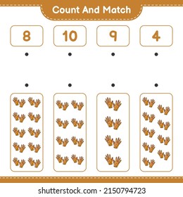 Cuenta y coteja, cuenta el número de guantes de golf y concuerda con los números correctos. Juego infantil educativo, hoja de cálculo imprimible, ilustración vectorial