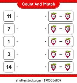 Contar y coincidir, contar el número de uva y coincidir con los números correctos. Juego infantil educativo, hoja de cálculo imprimible, ilustración vectorial