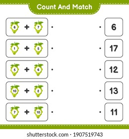Contar y coincidir, contar el número de uva y coincidir con los números correctos. Juego infantil educativo, hoja de cálculo imprimible, ilustración vectorial