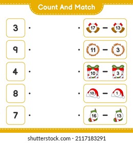 Count and match, count the number of Hat, Bell, Sock, and match with the right numbers. Educational children game, printable worksheet, vector illustration