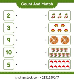 Count and match, count the number of Hat, Bell, Sock, and match with the right numbers. Educational children game, printable worksheet, vector illustration