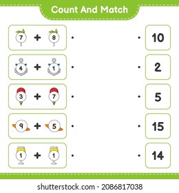 Cuenta y coteja, cuenta el número de Sombrero, Cóctel, Pinlleras, Ancla, Crema de Hielo y concuerda con los números correctos. Juego infantil educativo, hoja de cálculo imprimible, ilustración vectorial