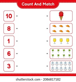 Count and match, count the number of Hat, Cocktail, Pinwheels, Anchor, Ice Cream and match with the right numbers. Educational children game, printable worksheet, vector illustration