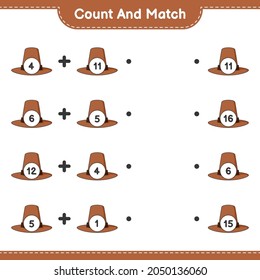 Count and match, count the number of Hat and match with the right numbers. Educational children game, printable worksheet, vector illustration